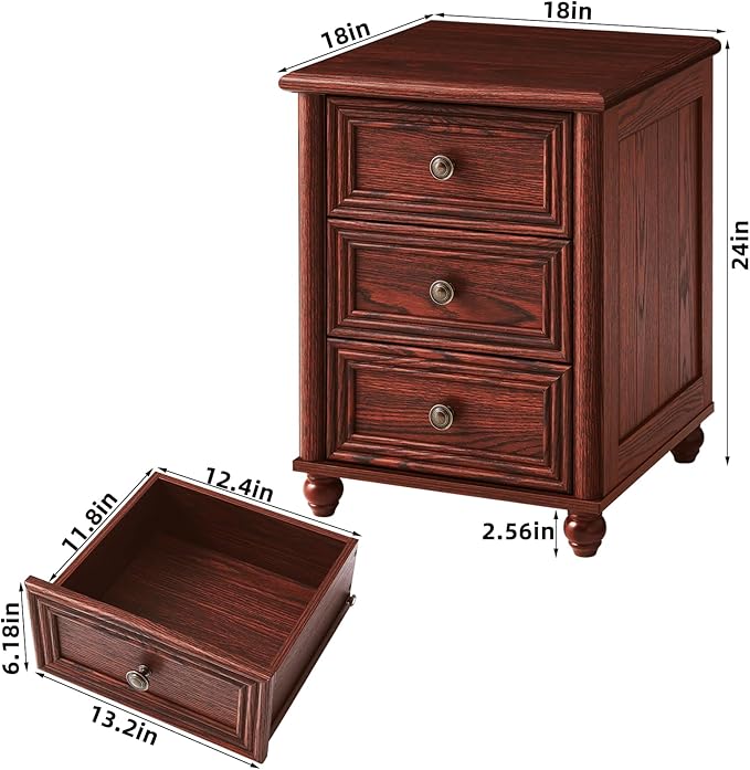 18" Farmhouse Night Stand Set of 2, Red Oak Wood Nightstand with 3 Drawers, Bedside End Table with Storage and Roman Column, Bed Side Tables Cabinet for Bedroom, Living Room, and Closet