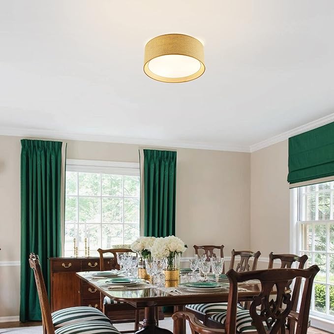 WINGBO 15.7" Modern 3-Light Flush Mount Ceiling Light Fixture with Fabric & Acrylic Double Drum Shade for Bedroom Living Room Dining Room Hallway Entryway, Flaxen