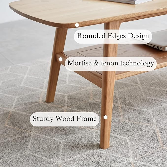 Wood Coffee Table - 100% Solid Oak Wood - Double Storage Coffee Table, Eco-Friendly Finish Center Table - Easy Assembly (Natural, 47.24" D x 22.04" W x 17.32" H)