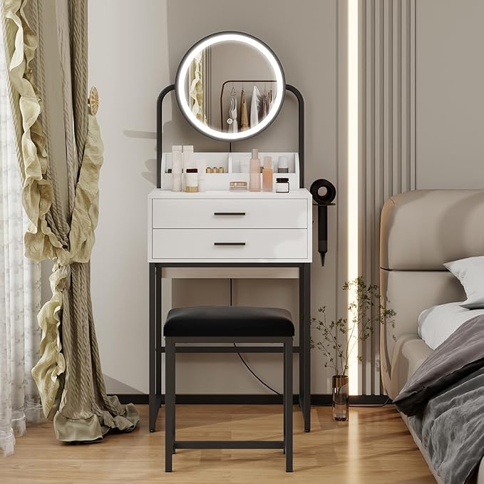 ARTETHYS Small Vanity Desk with Lighted Mirror and Lights Compact Makeup Set with Drawers for Bedroom Mini White Modern Dressing Table with Chair