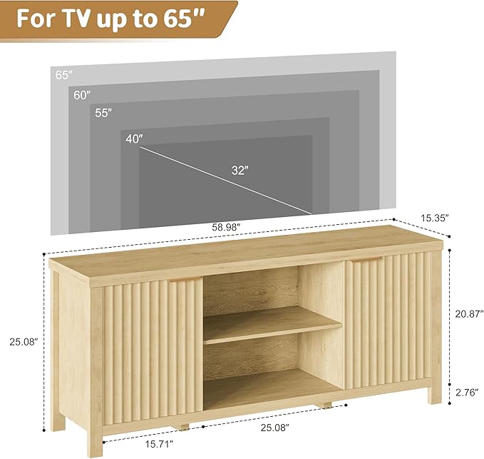 Fluted TV Stand for TVs up to 65'',Mid Century Modern Entertainment Center with Adjustable Shelves, Wood Media TV Console Cabinet with Fluted Doors for Living Roon Bedroom Natural LTV90Y