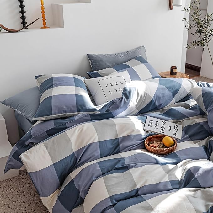 mixinni Full Comforter Set Soft Fluffy Modern Style Checkered Pattern Comforter for Boys Mens, 1 Blue White Grey Geometric Comforter and 2 Pillowcases, All Seasons-Full Size