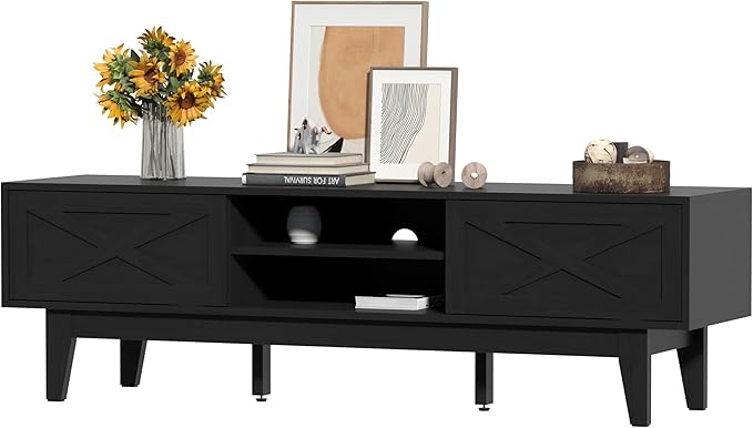 Wooden TV Stand for 55 65 70 inch TV, Long & Large TV Media Console Table with Storage Cabinets, Boho Farmhouse Entertainment Center for Living Room, Bedroom - Black