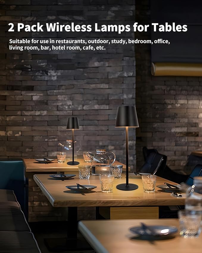 Cordless Table Lamp, Rechargeable Black, 5000mAH Battery Operated Lamp, 3 Color Stepless Dimming Outdoor LED Wireless Lamp for Bedroom/Restaurant/Desk/Cafe/Dining Room