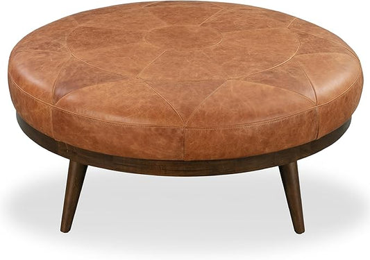 Poly & Bark Gio Ottoman – 30” Round with Feather-Down Topper – Full-Grain Leather Upholstery – Couch Ottoman for Living Room – Vintage Italian Leather in Cognac Tan