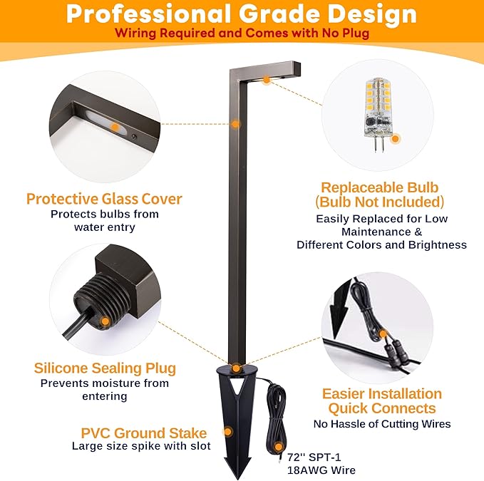 Outdoor Path Lights Brass, LED Landscape Pathway Light, Low Voltage Driveway Lamp Waterproof, L Shape 12V Wired Bronze for Walkway Sidewalk Without G4 Bulb 6 Pack