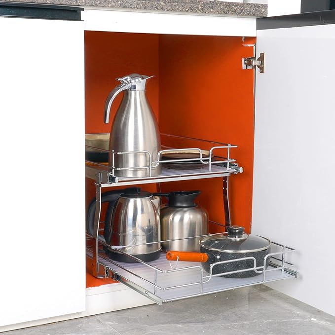 VEVOR 20"Wx21"D Pull Out Cabinet Organizer, 20"Wx21"D 2 Tier Heavy Duty Slide Out Pantry Shelves, Chrome-Plated Steel Roll Out Drawers, Sliding Drawer Storage, 21.5"Wx22"D Install Size for Cabinet