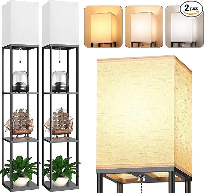 Floor Lamp with Shelves for Living Room 2 Pack, Shelf Floor Lamp with 3 CCT LED Bulb, Corner Display Standing Column Lamp Etagere Organizer Tower Nightstand with White Linen Shade for Bedroom, Office