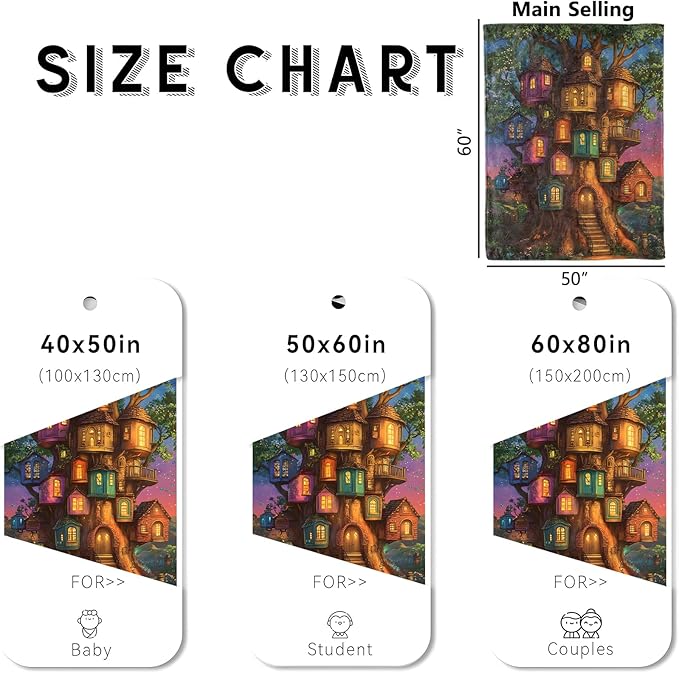 Whimsical House Blanket, Cozy Flannel Enchanted Village in a Giant Tree Throw Blanket for Couch Outdoor, Plush Soft Lightweight Blankets for Bed Decor and Gifts, for Women Kids Adults 50"x60"