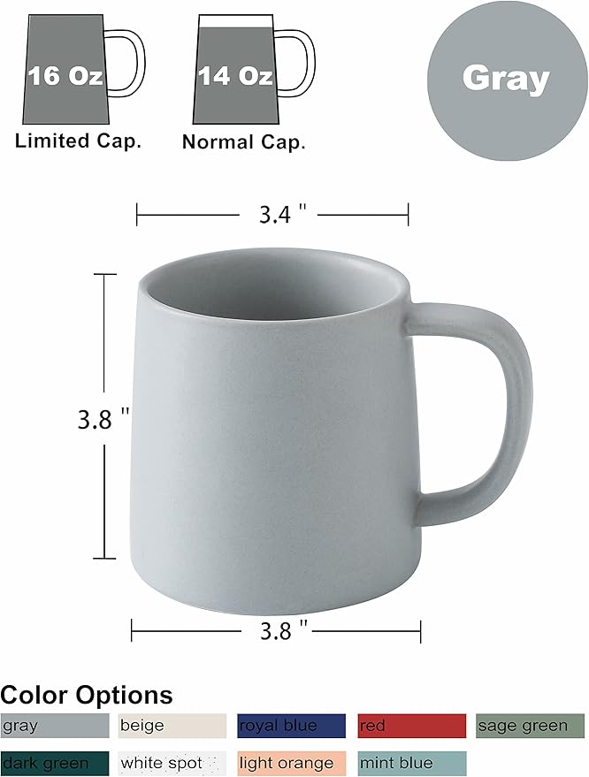 T-WARE 16 Oz Coffee Mugs, Matte Light Grey Mug Set of 4, Ceramic Mugs Coffee, Solid Color Coffee Cups Ceramic
