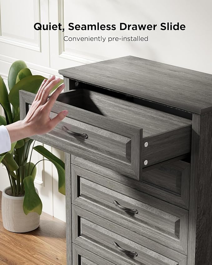 Pipishell Grey 5 Drawers Dresser Chests for Bedroom, 42.7 Inch Tall Wooden Dresser, Farmhouse Storgae Organizer with Large Drawers & Bar Handles for Bedroom, Entryway, Hallway, Grey