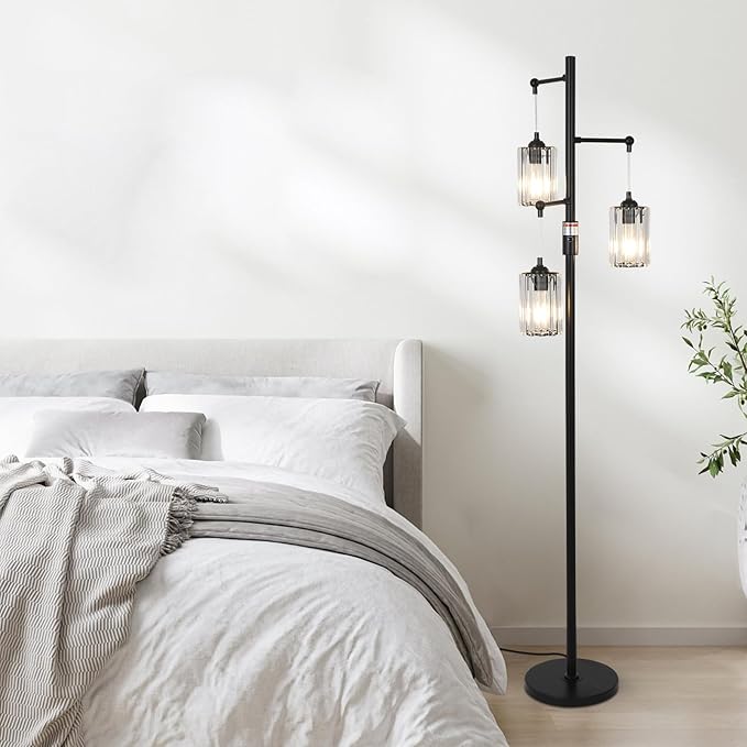 Black Modern Crystal Floor Lamp, 3 Lights Standing Lamp Dimmable, Industrial Tree Lamp with Crystal Shade, Dimmer Switch, 65" Tall Corner Floor Lamps for Living Room Bedroom Office Reading
