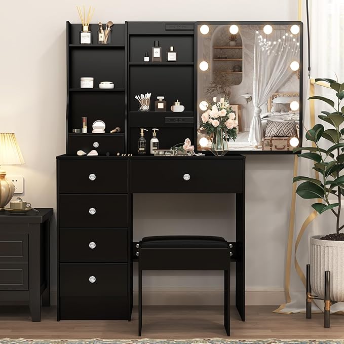 Black Vanity Desk with Lights, Makeup Vanity Table Set with Chiar and Storage Drawers, Vanity with Lights for Bedroom, Dressing Table for Teen Girls and Women