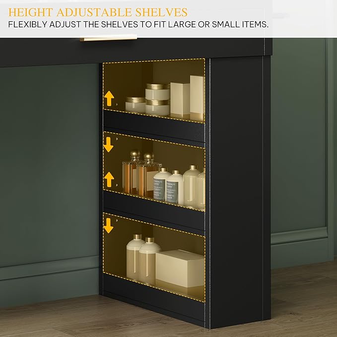 DWVO Makeup Vanity Desk with Mirror & Lights, 40inch Vanity Table with Power Outlets, 4 Drawers & 6 Open Storage Shelves, 3 Color Modes & Adjustable Brightness Dressing Table for Bedroom, Black