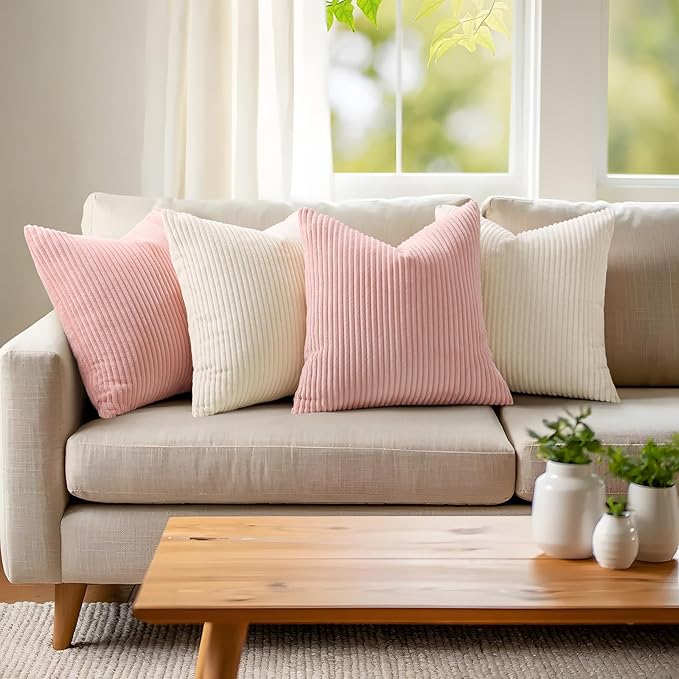 Mecatny Corduroy Decorative Throw Pillow Covers 12x20 Set of 2 for Sofa Living Room, Soft Neutral Boho Couch Pillow Covers for Home Decor, Pink