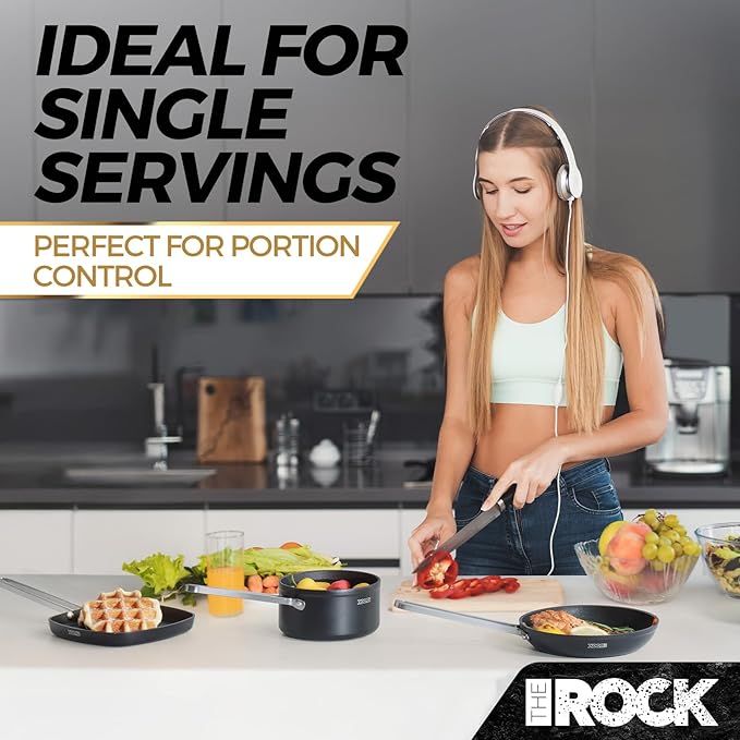 THE ROCK Single Serve Nonstick Pots and Pans Set, 6pc Portion Control Cookware Set with Rock.Tec, Scratch/Stain/Crack Proof, Oven & Dishwasher Safe, Perfect for Dorm, Camping & Small Kitchens, Black