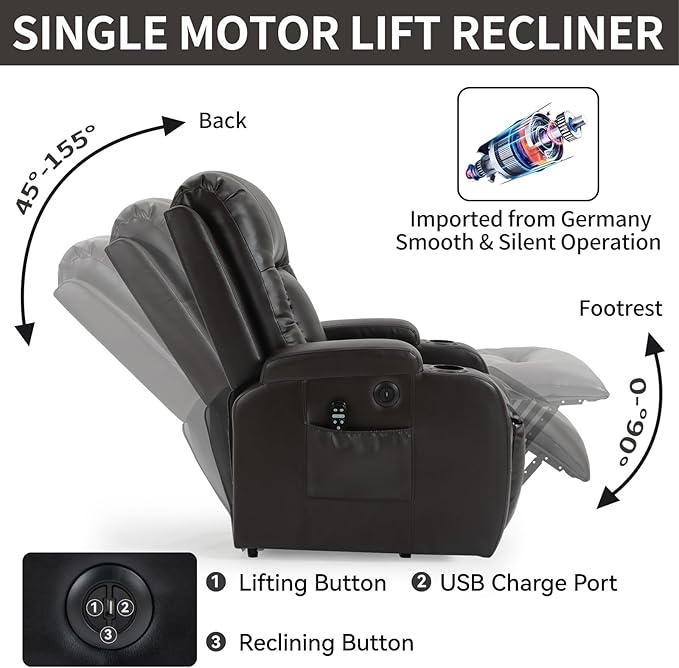 PELUMY Power Lift Recliner Chair for Elderly with Massage & Heat - Heavy Duty Electric Lift Chair, Oversized Recliner, Lay Flat, 8-Point Vibration, Lumbar Heating, USB Port, Cup Holders (Brown)