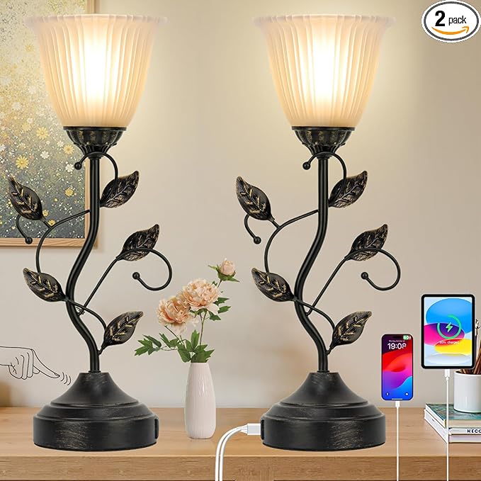 Touch Lamps for Nightstand Set of 2, Stripe Glass Shade Blossoming Bedside Lamp with USB A+C Charging Ports, Torchiere Table Lamp with Metal Leaf Base Decor Bedroom Living Room