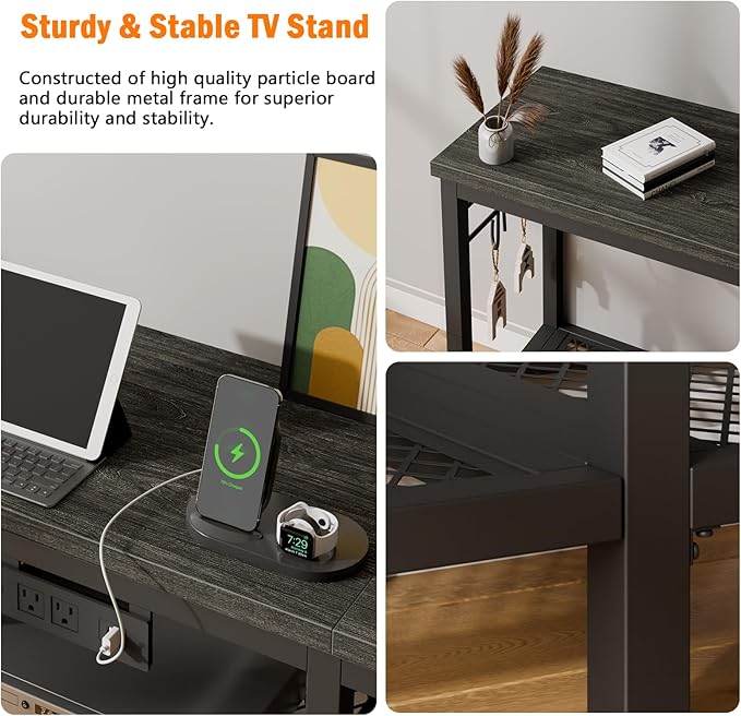 Furologee TV Stand with Power Outlets, Entertainment Center with Open Storage Shelves for TVs up to 55 Inch, Media Console Table with Soundbar Shelf for Living Room, Bedroom, Black Oak