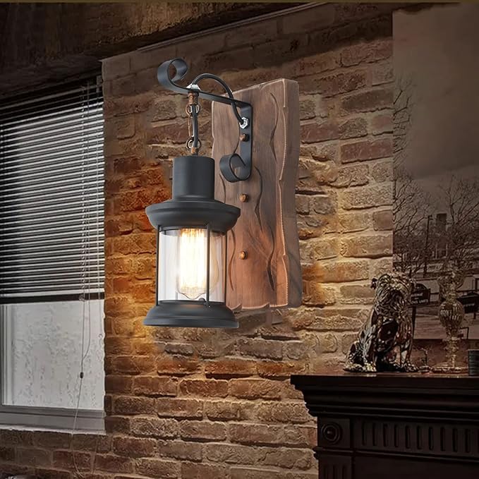 Vintage Industrial Wall Sconce, Rustic Light Fixtures Wood Metal Farmhouse Indoor Black Wall Sconce Fixture for Dining Room, Hallway, Hotel, bar, Porch Corridor Decorate