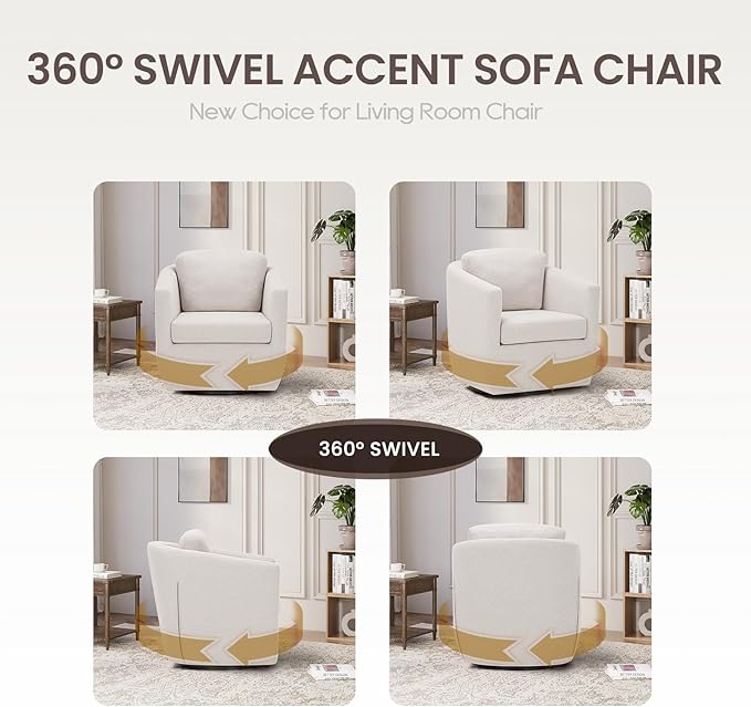 COLAMY 360° Swivel Accent Chair Set of 2 with Pillow, Living Room Armchair No-Sag Foam & Sturdy Metal Base, Fully Assembled Swivel Single Sofa for Bedroom Living Room, Reading Room, Beige