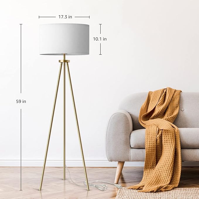 ALLDIO Tripod Floor Lamps for Living Room, Modern Standing Lamp with Drum Shade, Simple Industrial Tall Lamp, 9W LED Bulb Included - Brass