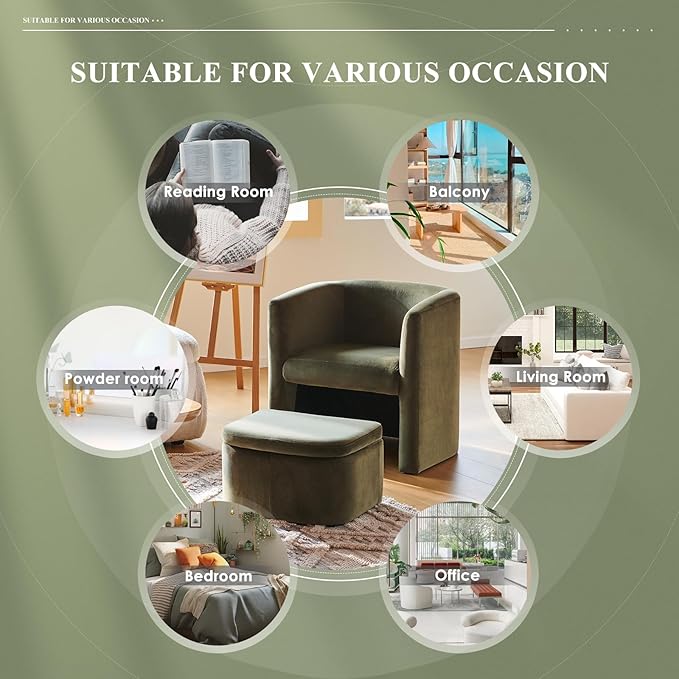 COLAMY Morden Velvet Barrel Accent Chair with Storage Ottoman Set of 2, Upholstered Living Room Side Chair, Single Sofa Armchair with Lounge Seat for Bedroom/Office/Reading Spaces, Green