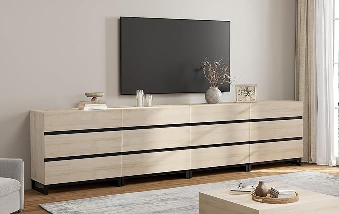 WAMPAT Modern TV Stand for TVs up to 120 inch, Entertainment Center TV Console with 12 Drawers and Metal Base, Media Console for Living Room, Bedroom, Light Oak