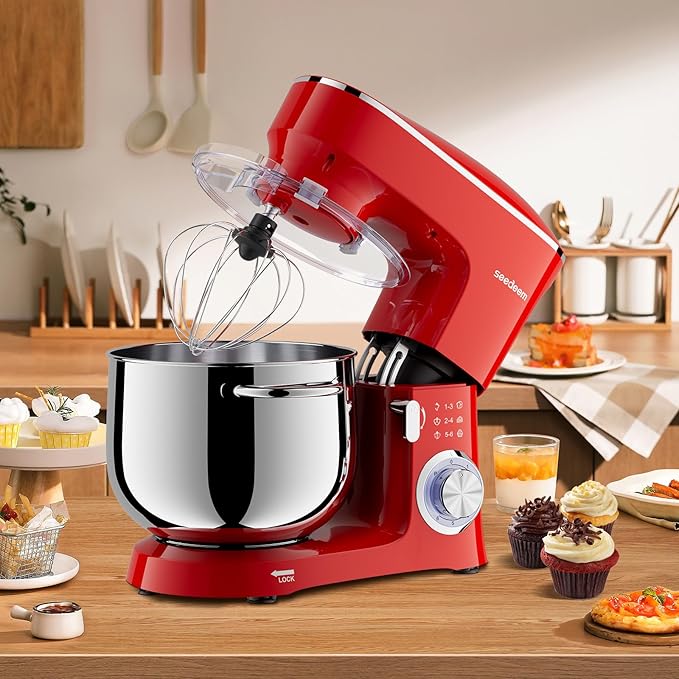 SEEDEEM Stand Mixer, 8.5 Qt 660W Tilt-Head Kitchen Mixer with 6+P Speeds, Dough Hook, Wire Whip & Beater, Dishwasher-Safe Attachments, Red – Ideal for Baking & Daily Use, Red