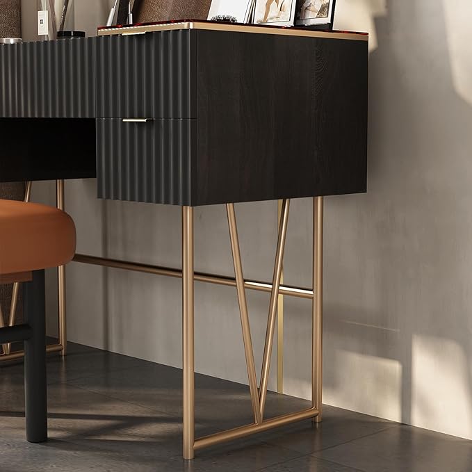 Lartis Flip Top Vanity Table Stylish Makeup Vanity with Stool, Makeup Vanity Desk, Reversible Makeup Mirror, Hidden Storage Compartment,Very Easy to Assemble