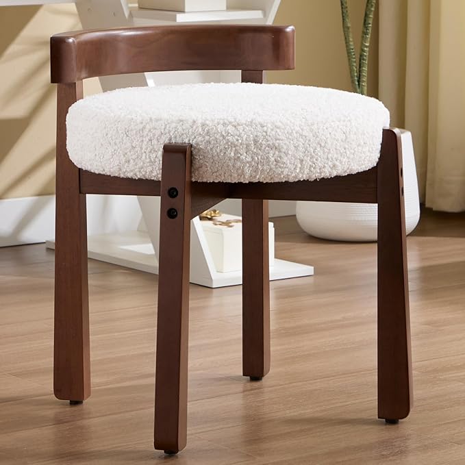DUOMAY Modern Boucle Vanity Stool, Upholstered Low Back Ottoman with Solid Wood Legs Cute Round Footrest Makeup Stool Dressing Seat for Living Room Bedroom, White