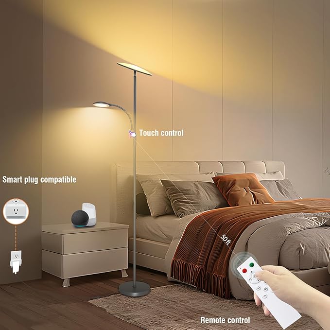 Gray Floor Lamps for Living Room, 44W/4500LM Super Bright 2 in 1 LED Floor Lamp with Remote, Stepless Dimmable, 69" Tall Standing Floor Lamp with Bendable Reading Light for Bedroom Office