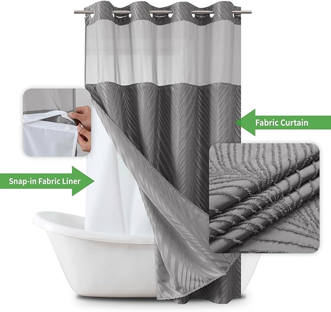 stall no Hook Tufted Shower Curtain with snap in Liner Set, White Waterproof Fabric Inner Liner,Boho Style Shower Curtain with See Through top Window, WarmGrey, 54Wx80H