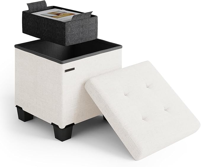 STORAGEBUD Storage Ottoman Cube with Small Bin, 16-in Square Ottoman with Storage for Living Room and Bedroom, Small Ottomans Foot Rest, Fabric Foot Stools Ottomans Max 330lbs, Cream