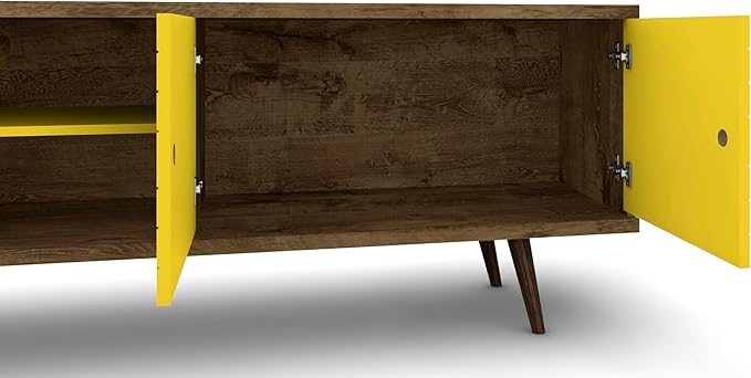 Manhattan Comfort Liberty Mid Century Modern TV Stand for Televisions up to 60 Inches, Bedroom and Living Room Entertainment Center with Storage, Shelves, and Cabinet, 63" Wide, Rustic Brown/Yellow