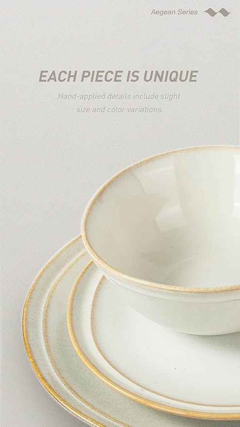 Famiware Aegean Stoneware Dinnerware Set for 4, Plates and Bowls Sets, 12-Piece Scratch-Resistant Dinner Plate Set, Handmade Irregular Round Dishes - Microwave and Dishwasher Safe, Cappuccino White