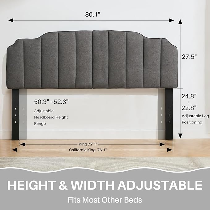 King Size Headboard Dark Gray Upholstered Headboard Adjustable Height&Width Linen Headboards Modern Vertical Channel Design Bed Head Board, Dark Gray