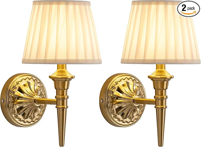 KDG Cordless Wall Sconces Set of 2, Small Wireless 5200mAh Rechargeable Battery Fabric LED Wall Lamps, Portables Lightings for Wall Painting, Living Room, Bedroom, Hallway, Gifts, Night Light (Gold)