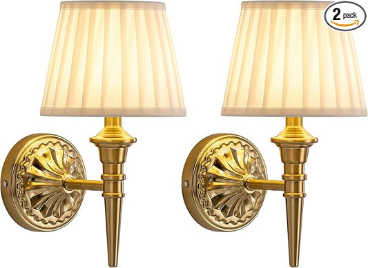 KDG Cordless Wall Sconces Set of 2, Small Wireless 5200mAh Rechargeable Battery Fabric LED Wall Lamps, Portables Lightings for Wall Painting, Living Room, Bedroom, Hallway, Gifts, Night Light (Gold)