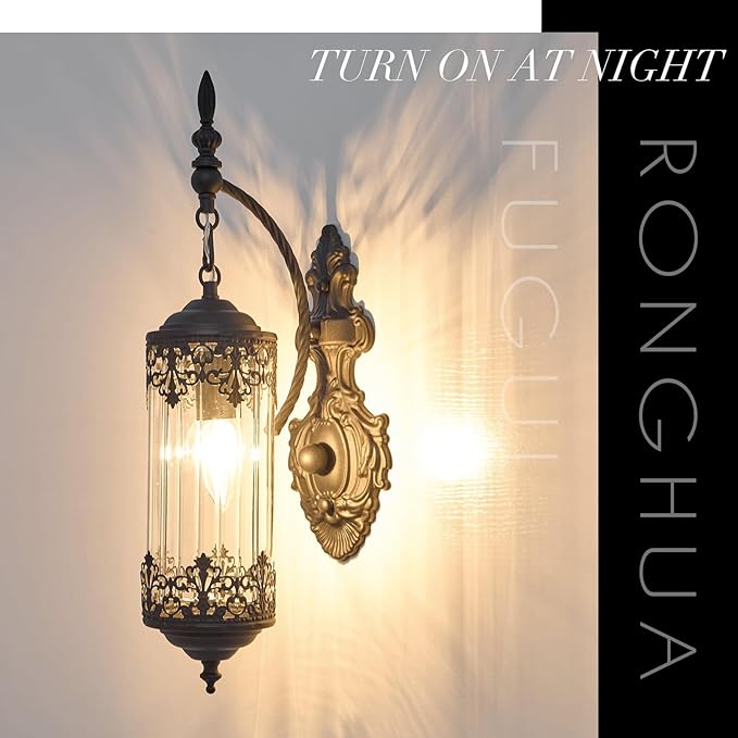 Rustic Glass Wall Sconce Mini Vintage Antique Gothic Wall Light Fixture Retro Farmhouse Mid Centry Lantern Wall Sconce for Bedroom, Hallway, Living Room, Mirror, Black, E12