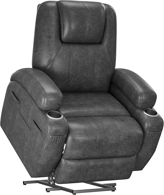 Power Lift Recliner Chair with Massage Electric Lift Chair for Elderly, Ergonomic Recliner with Cup Holders & Side Pockets, Modern Single Sofa for Living Room (Leathaire, Deep Gray)