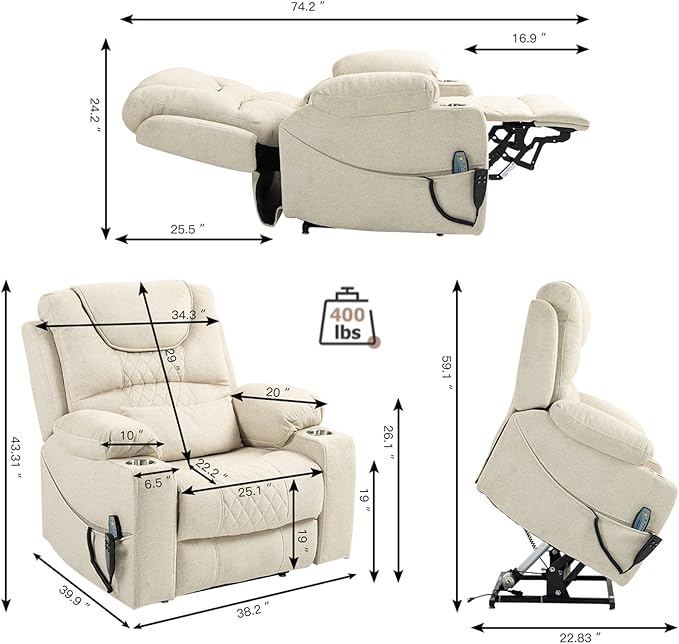 180 Degrees Lay Flat Lift Recliner Chair with Heat and Massage, Dual Motor Infinite Position Electric Power Lift Recliners for Elderly, Big Man Up to 400 LBS, Seniors, White