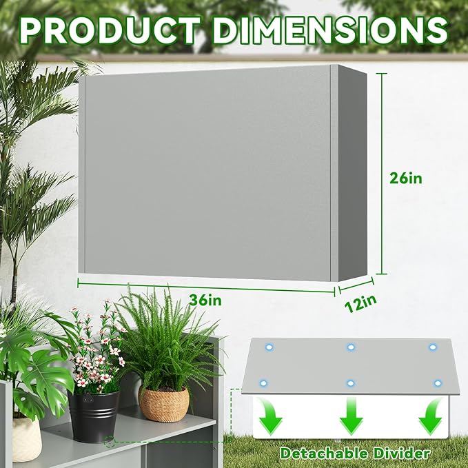 Tall Metal Planter Box, 36" L x 12" W x 26" H Large Outdoor Planters with Drainage & Adjustable Shelf, Heavy Duty Steel Rectangular Planter for Patio, Balcony, Indoor(Gray)
