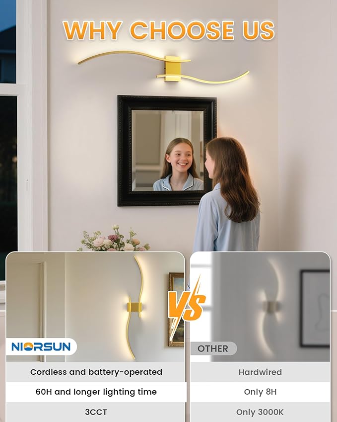 NIORSUN 39.4 Inch Battery Operated Wall Sconce Set of 2, Gold Modern Rechargeable Wall Lights with Remote, 3CCT Dimmable Wireless Wall Lamp for Living Room Bedroom Hallway