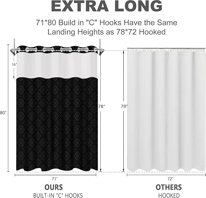 No Hook Shower Curtain Set with Snap in Liner, Black Jacquard Tufted Geometric Bath Curtain, Boho Luxury Hotel Bathroom Decor, Waterproof Washable, 71 x 80 Inch