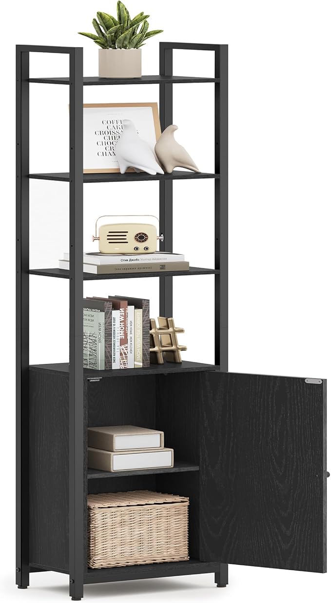 VASAGLE 6-Tier Bookshelf, Tall Bookcase with Cabinet, Steel Frame, Adjustable Shelves, 9.4 x 15.7 x 62.8 Inches, Living Room Bedroom, Ebony Black and Ink Black ULLS132B01