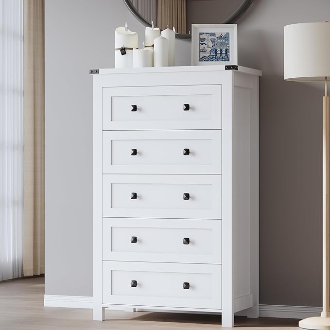 Tall 5-Drawer Dresser, Modern Wooden Storage Chest of Drawers, Dresser TV Stand, Wood Drawer Organizer with Metal Handles for Bedroom, Living Room, Hallway