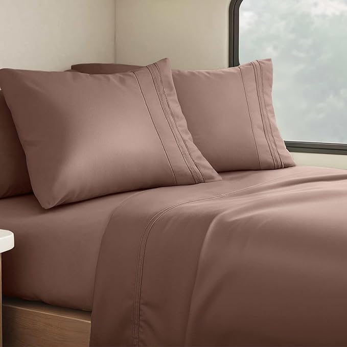 Clara Clark Bed Sheets, Premier 1800 Series 4 Piece RV Queen Sheet Set, Luxury Soft Sheets for RV Bunks, Short Queen - Chocolate Brown