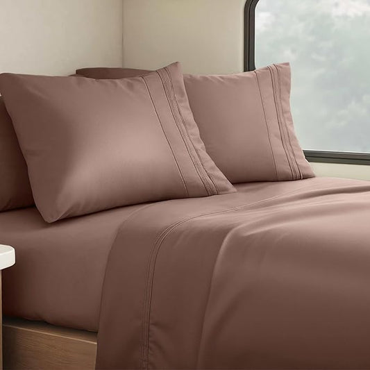 Clara Clark Bed Sheets, Premier 1800 Series 4 Piece RV Queen Sheet Set, Luxury Soft Sheets for RV Bunks, Short Queen - Chocolate Brown