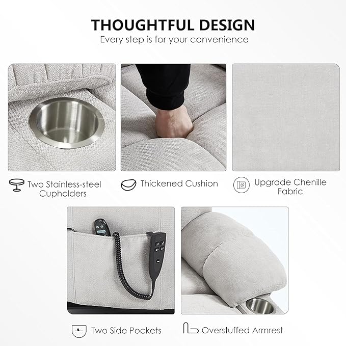 Dual Motor Power Lift Chairs for Elderly, Electric Lay Flat Recliner Chair with Vibration Massage Heat, Extra Wide Recliner Chair for Living Room with Cup Holders, Chenille Fabric - Beige